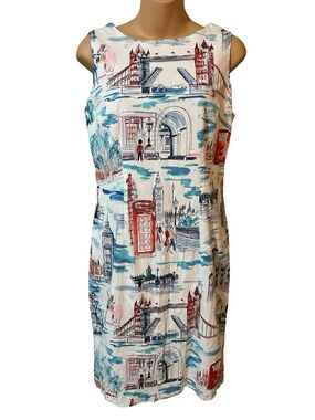 Chetta B London Cityscape Travel Dress Size 8 Cotton Sheath Sleeveless Pencil